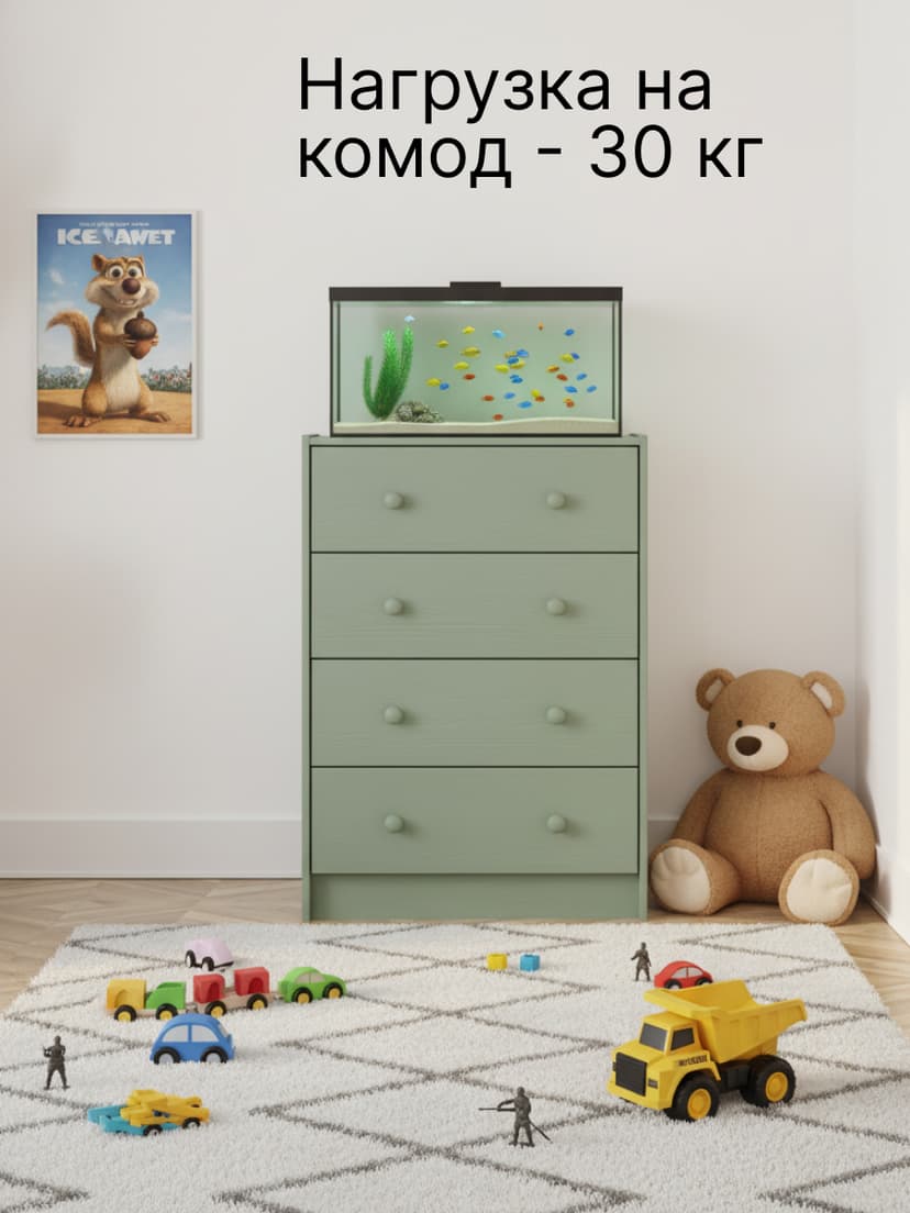 Комод 62х30х90, Раст с 4 ящиками для одежды, в прихожую, для игрушек, деревянный, массив сосны, зеленый эвкалипт, IKEA — фото 10