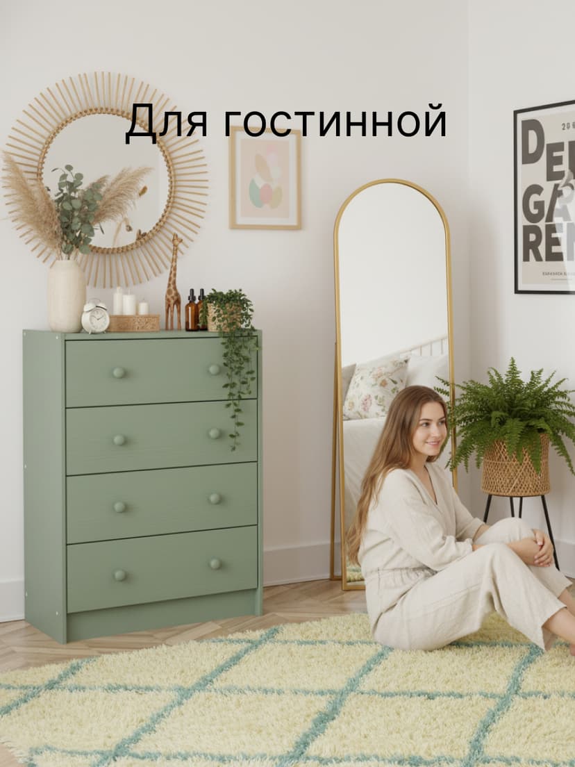 Комод 62х30х90, Раст с 4 ящиками для одежды, в прихожую, для игрушек, деревянный, массив сосны, зеленый эвкалипт, IKEA — фото 6