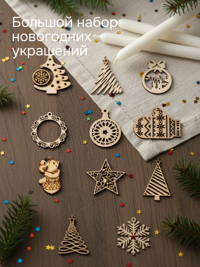 Подарочный набор игрушек на новогоднюю елку, деревянные, бежевый — фото 2
