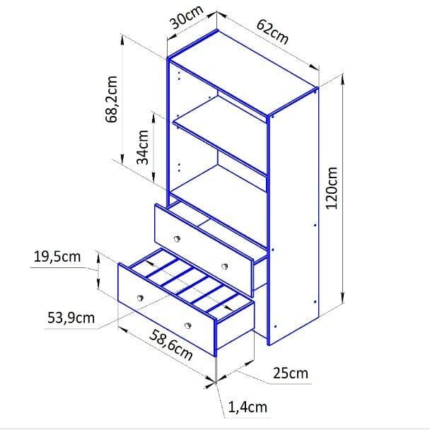 Комод Раст 62×30×120, 2 двери и 2 ящика, массив сосны без покрытия