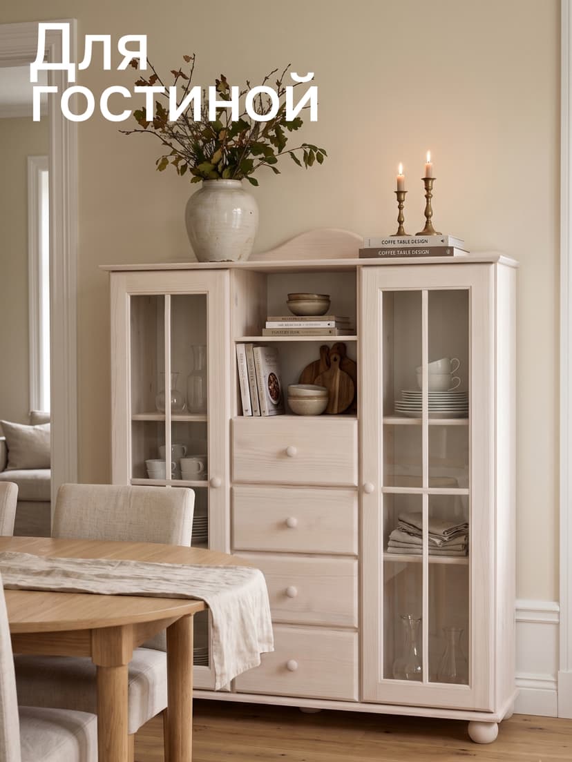 Сервант шкаф витрина Бритта двухдверный, белый, стеклянный, с полками, массив сосны, 128х113х32 — фото 2