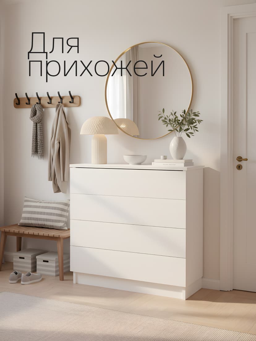Dipriz Комод для одежды Марм 73х33х73 см c 4 ящиками, белый комод в скандинавском стиле, ЛДСП — фото 3