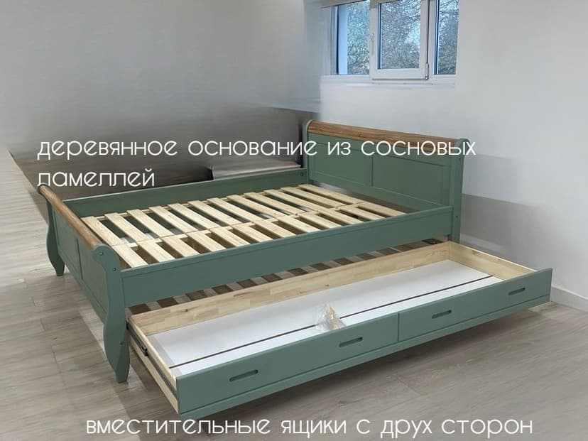 Кровать односпальная 90х200 Мелания с местом для хранения, ящик для белья, массив сосны и дуба, цвет эвкалипт, Dipriz