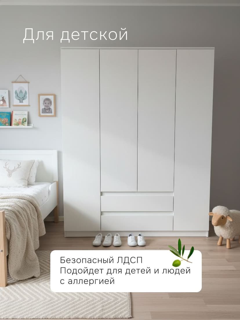Шкаф 161х50х208 Марм, распашной, 4 двери 2 ящика, белый, со штангой и полками, Dipriz
