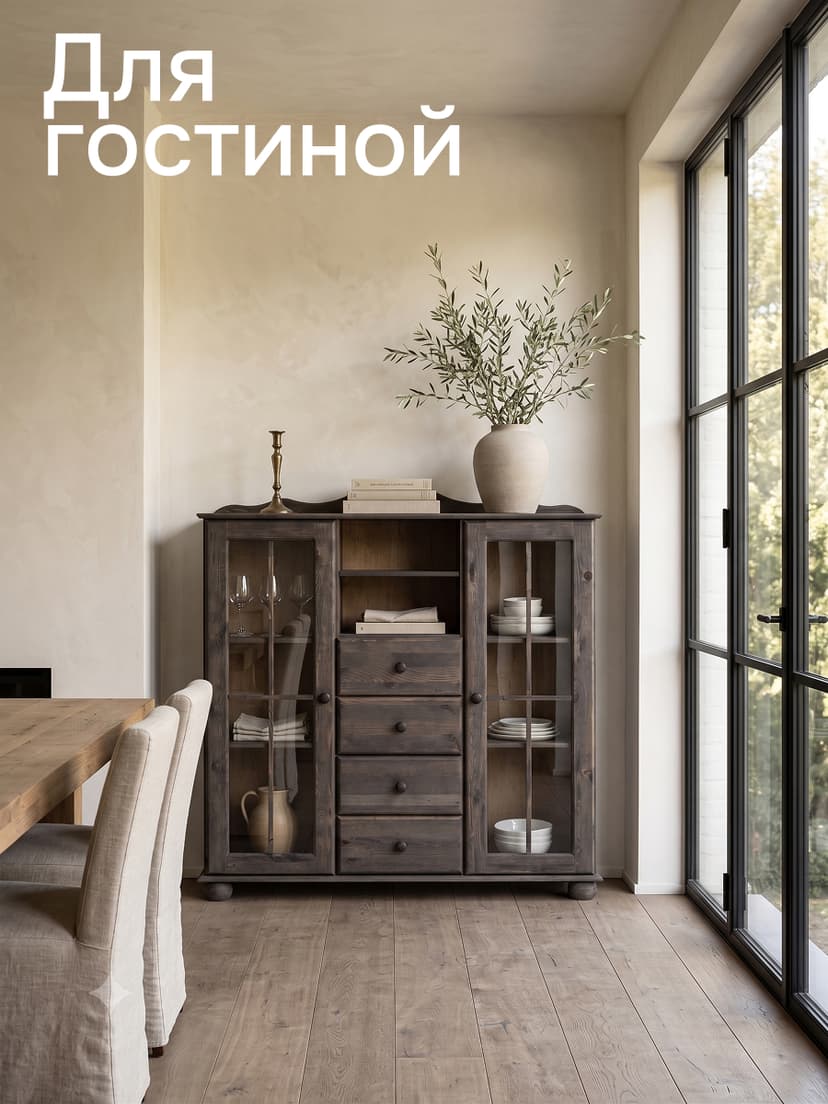 Сервант шкаф 113х32х128, Бритта, деревянный витрина для посуды напольный, в столовую, гостиную, детскую, массив сосны, Dipriz