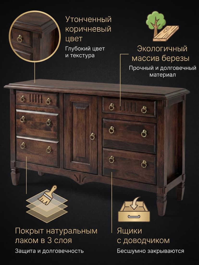 Комод 160х50х94, Джоли, с шестью ящиками для одежды, массив березы, коричневый, MAKOSA