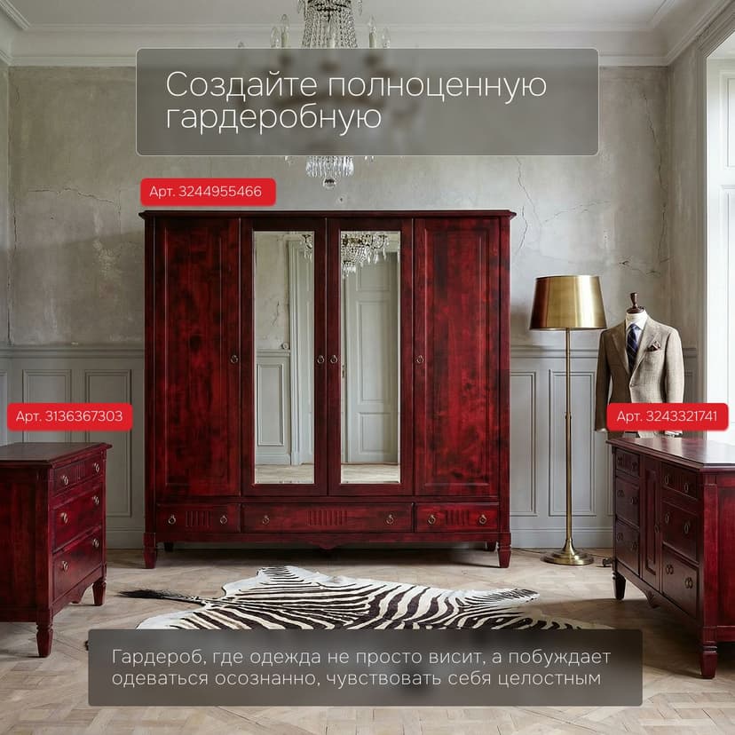 Шкаф 233х68х220, Джоли, распашной, 4 двери, с ящиками для одежды, из массива березы, красный, Makosa