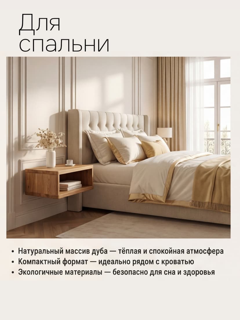 Тумба прикроватная, 47х29х14.5, Мелания, подвесная, с полкой, массив дуба, лак