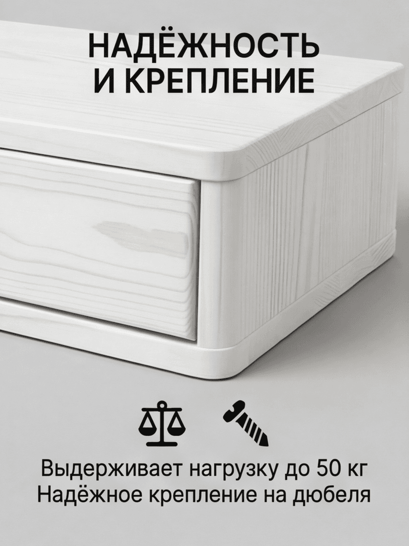 Тумба прикроватная, 47х29х15, Мелания, подвесная, с ящиком, белый воск, массив сосны