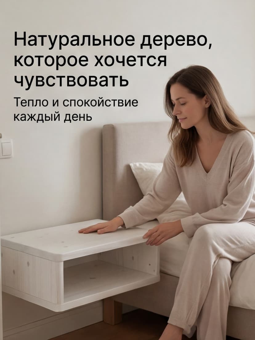 Тумба прикроватная, 47х29х15, Мелания, подвесная, с полкой, массив сосны, белый