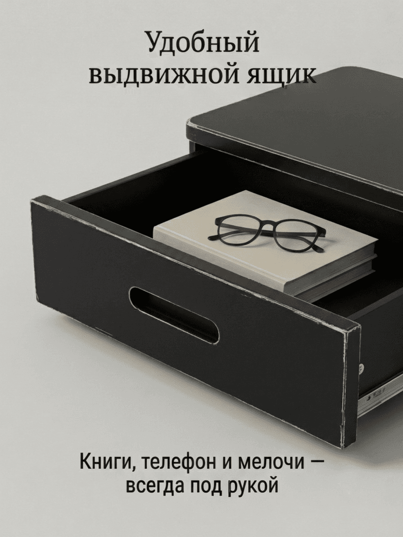 Тумба прикроватная, 47х29х15, Мелания, подвесная, с ящиком, черный, массив березы
