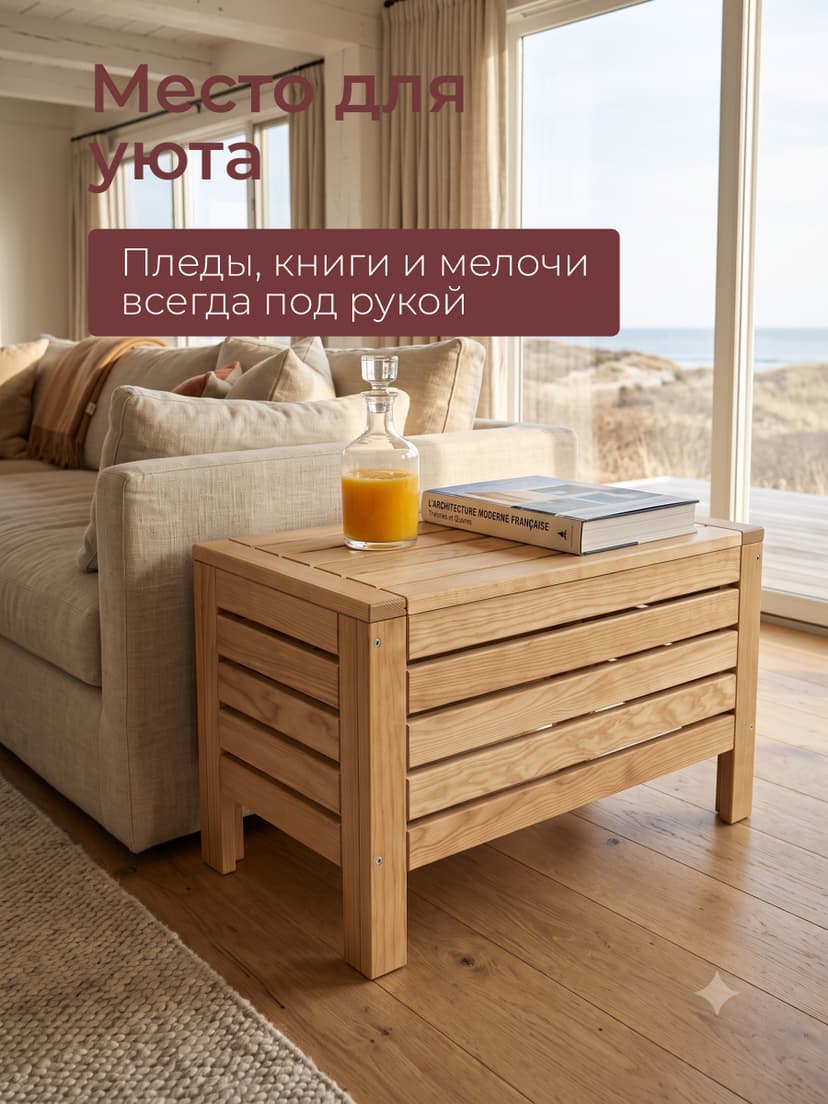 Сундук скамья 72×37×45, Эпларо, деревянный, для хранения вещей и как скамья, бежевый (бейц), Dipriz — фото 4