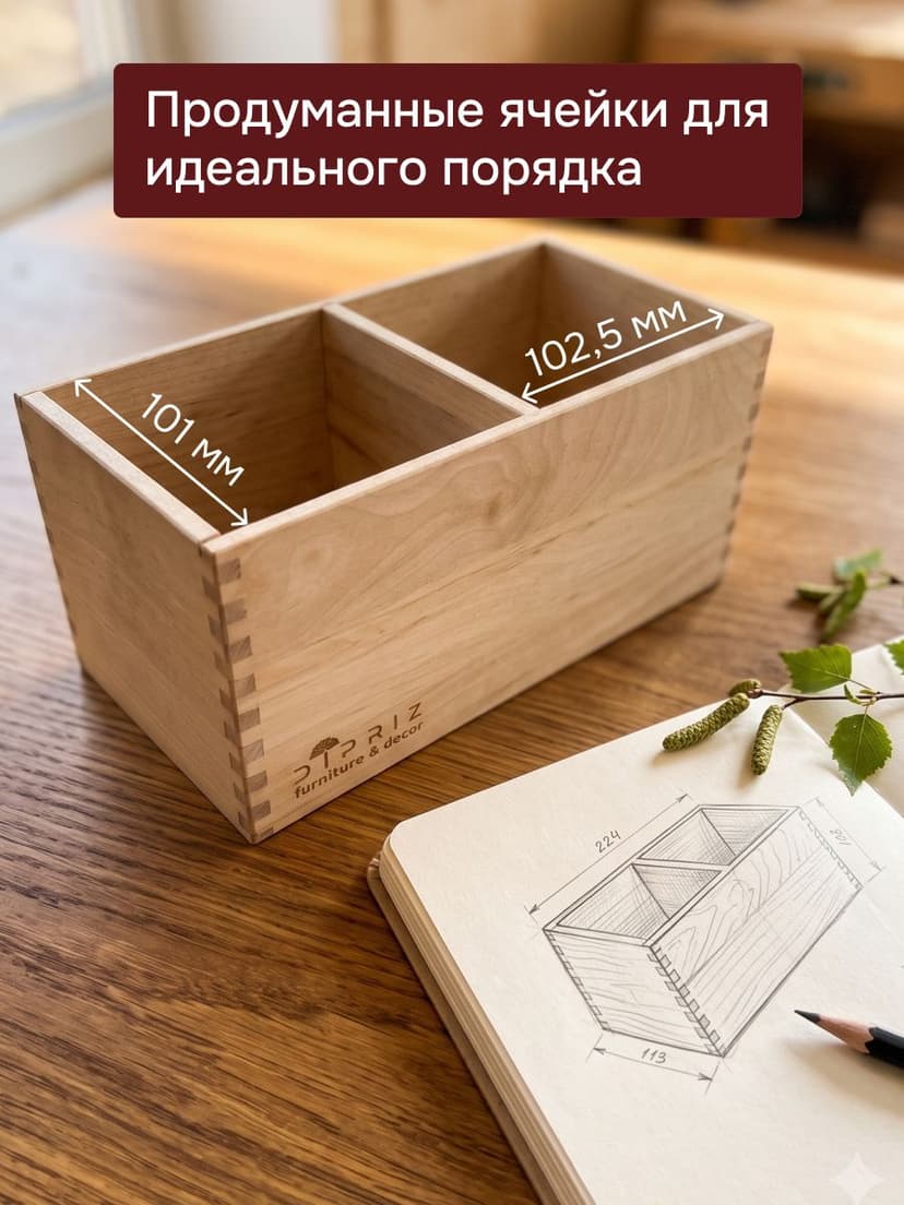 Органайзер настольный 22×11×11, 2 отделения, массив берёзы без покрытия