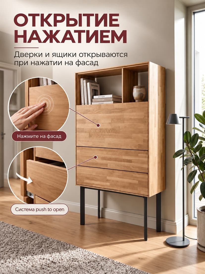 Комод деревянный с 2 ящиками и дверью Виби 85х32х151 см из массива дуба на металлических ножках, в стиле лофт, светло-коричневый — фото 7