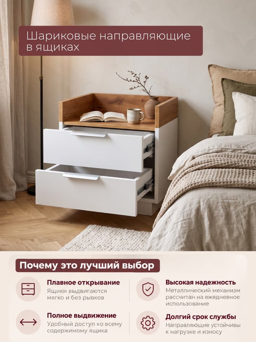 Прикроватная тумба Меламин 2 ящика, парящий комод 45х42х50 см со столиком, белый/артизан, ЛДСП — фото 4