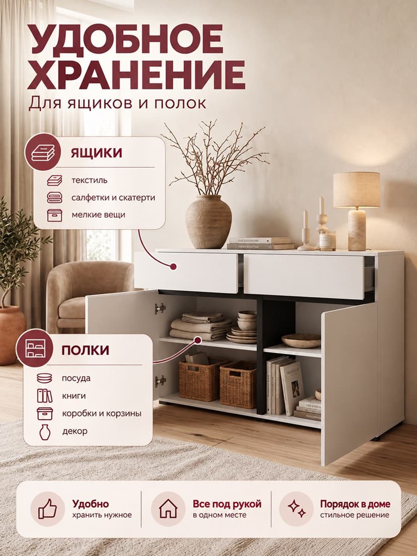 Комод 119х40х78, Line, с ящиками для одежды, в спальню прихожую, под телевизор, белый, ЛДСП — фото 4