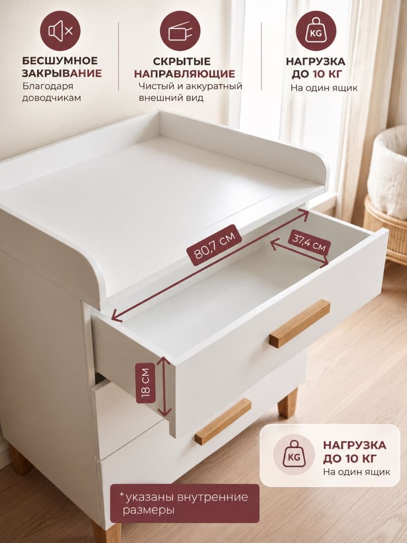 Комод белый 3 ящика с приставкой из ДСП и МДФ на ножках, с дубовыми ручками — фото 5