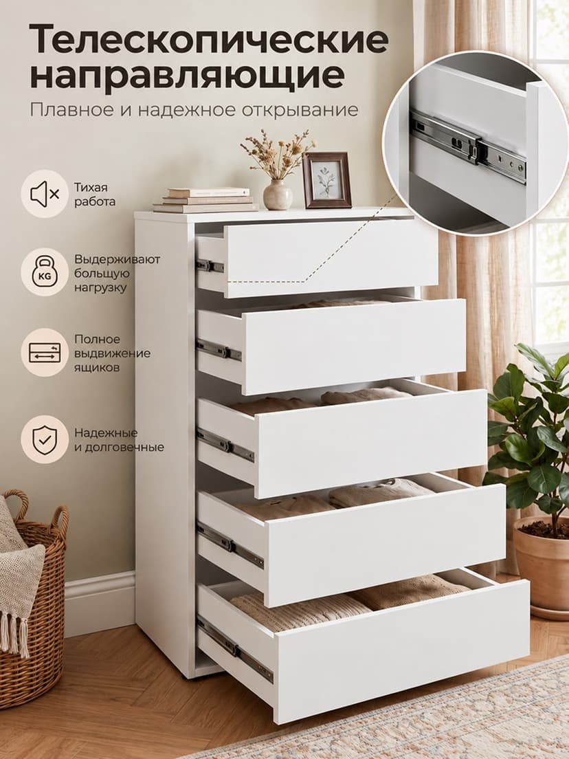 Комод белый Оланд без ручек 5 ящиков для вещей и одежды, ЛДСП — фото 4
