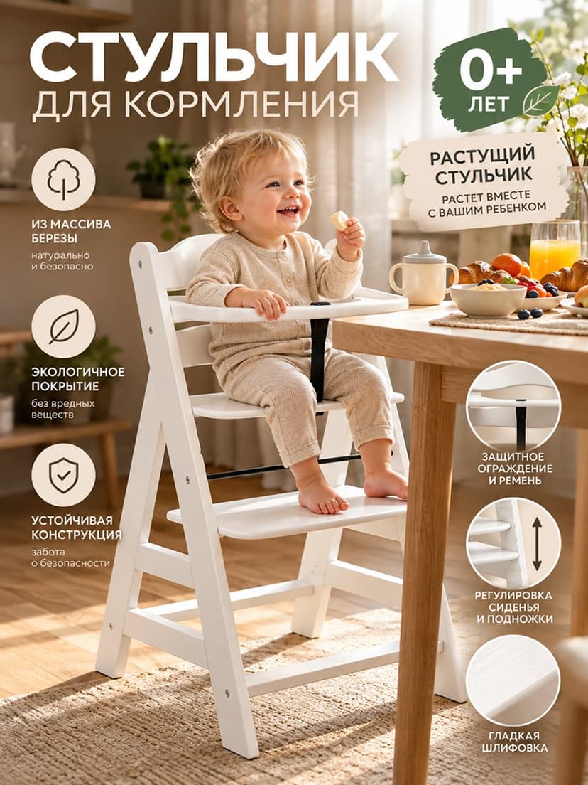Стульчик для кормления Лео деревянный, из массива березы, с регулировкой по высоте, белый