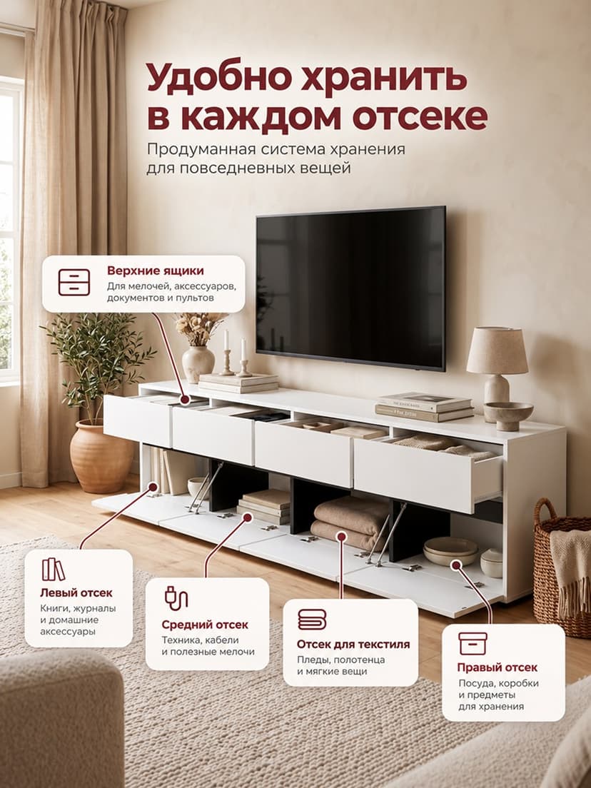 Тумба ТВ Лайн 4дв отк+4ящ Н482х2248х400, ЛДСП, белый — фото 5
