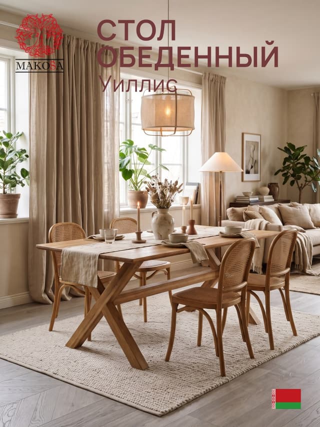 Стол обеденный Уиллис 180х90 см из массива дикого дуба с регулировкой высоты