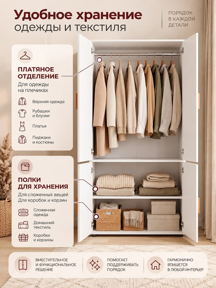 Шкаф для одежды Моби 90×58×187, 4 двери, 2 полки, белый, ручки из массива дуба — фото 5