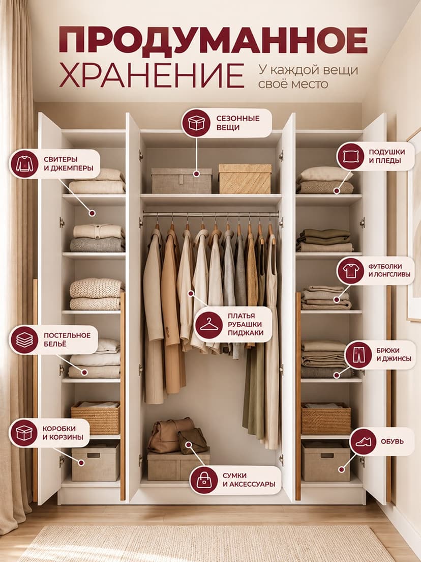 Шкаф распашной четырехдверный Джамбо+ с дубовыми ручками, белый, 215х200х58 — фото 4