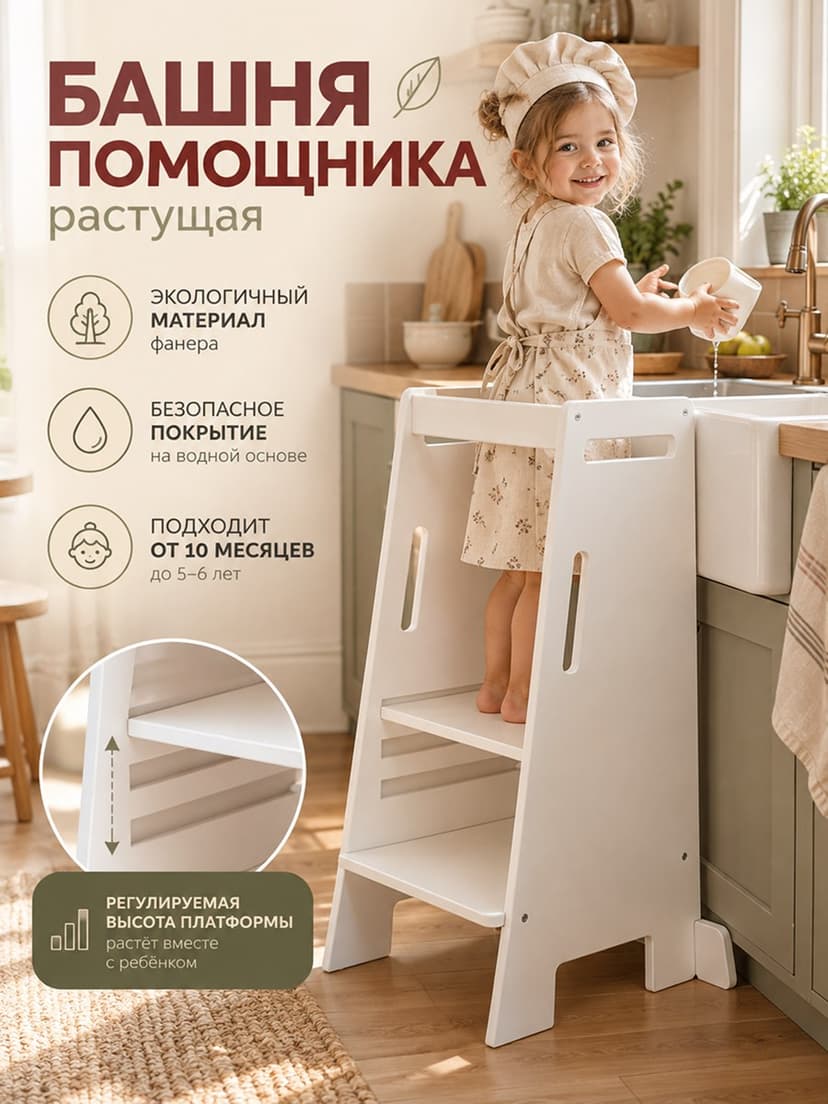 Башня помощника Тадео, монтессори, белый воск, Фанера