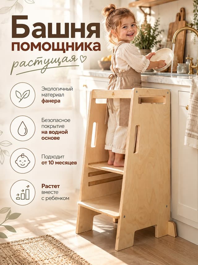 Башня помощника Тадео из березы, стульчик переносной, с ручками, прозрачный лак