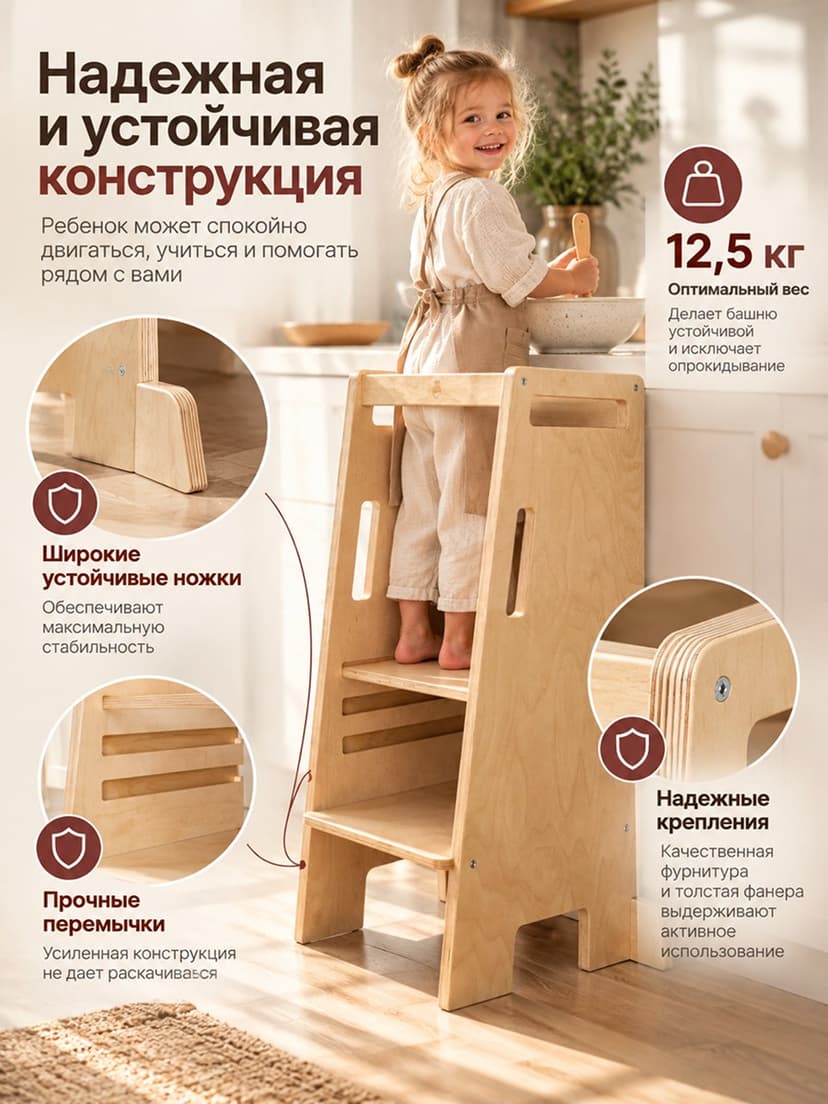 Башня помощника Тадео из березы, стульчик переносной, с ручками, прозрачный лак, бежевый — фото 5