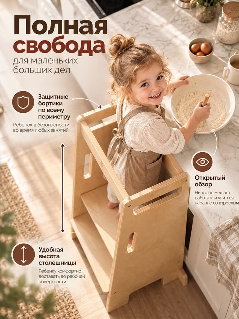 Башня помощника Тадео из березы, стульчик переносной, с ручками, прозрачный лак, бежевый — фото 6