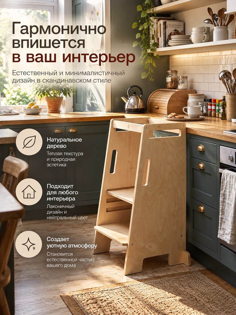 Башня помощника Тадео из березы, стульчик переносной, с ручками, прозрачный лак, бежевый — фото 7